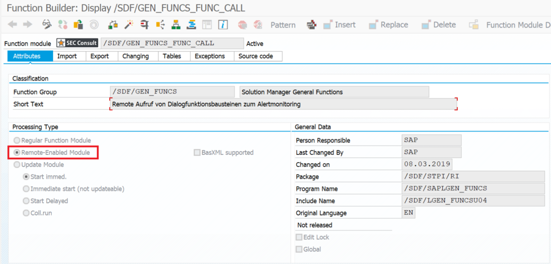 Screenshot zeigt Einstellungen zum Function Builder Module - SEC Consult Vulnerability Lab