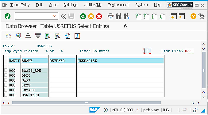 Figure 6: Table USREFUS showing column REFUSER empty.