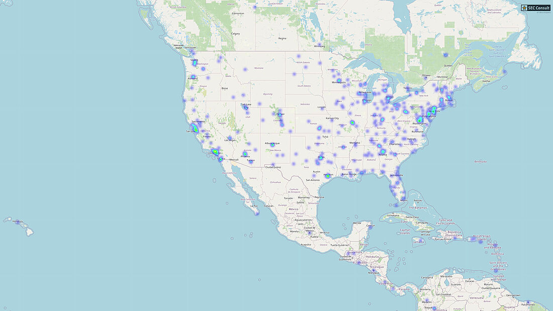 Heatmap of affected devices in the U.S. on a world map