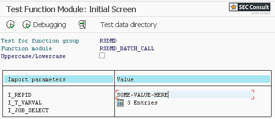 Figure 3: Dummy values inserted into the import parameter I_REPID and I_T_VARVAL.