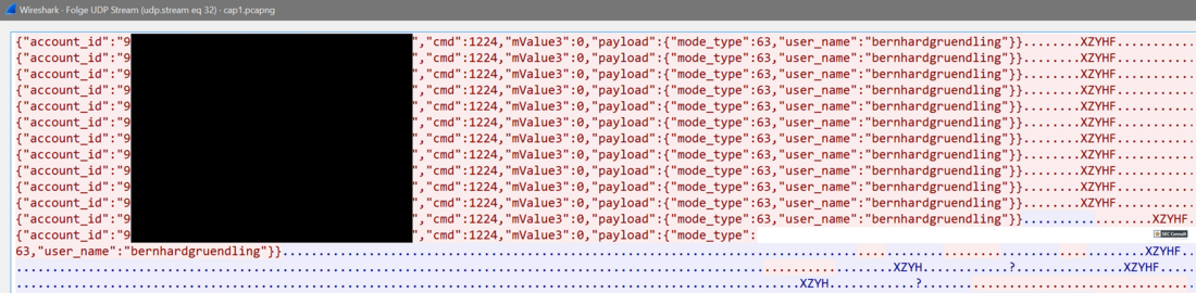 Screenshot showing unencrypted traffic via UDP