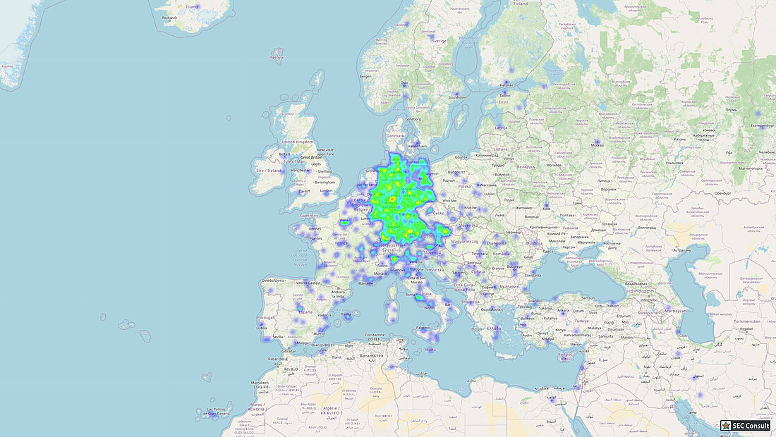 Heatmap der betroffenen HiKam Geräte auf einer Weltkarte