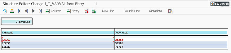 Figure 4: Structure table I_T_VARVAL with dummy data inserted.