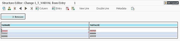 Figure 4: Structure table I_T_VARVAL with dummy data inserted.