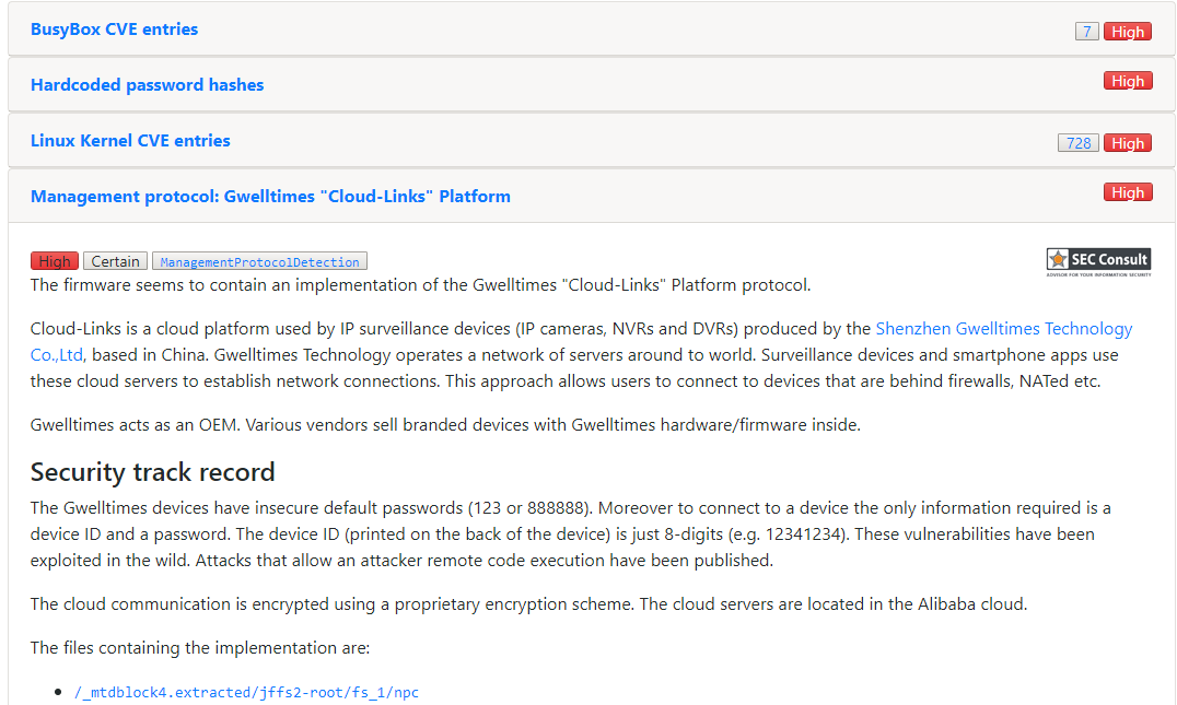 Baby monitor - Excerpt of IoT Inspector results for the “FREDI” device