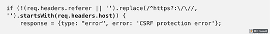 Code snippet shows protection agains CSRF by checking whether the referer came from the same host - SEC Consult