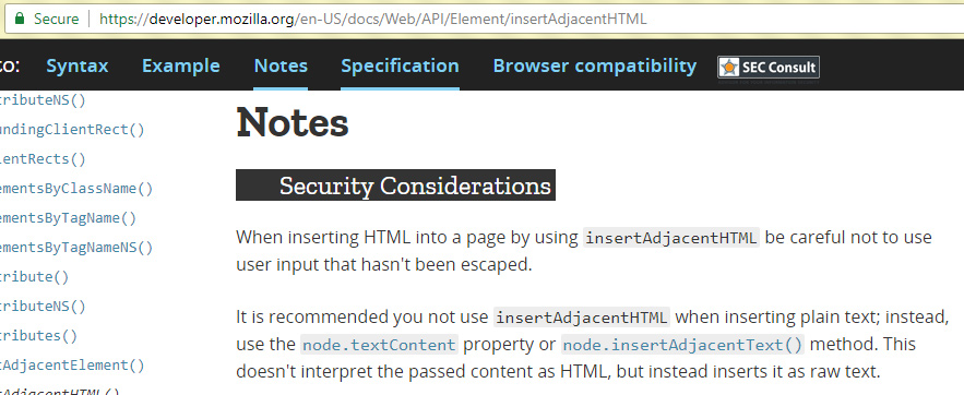 Screenshot of Security Considerations when inserting HTML to a page by using insertAdjacentHTML.