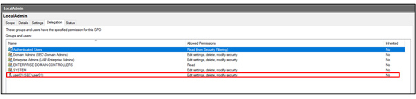 User permissions granted to Edit settings, delete, modify security on the GPO screen - SEC Consult