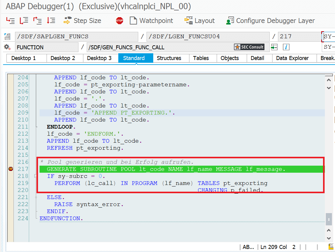 ABAP Debugger Screenshot zeigt Subroutine Pool - SEC Consult