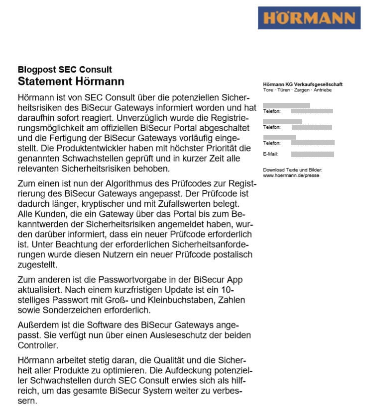 Stellungnahme zu Schwachstellen vom Hersteller Hörmann - SEC Consult