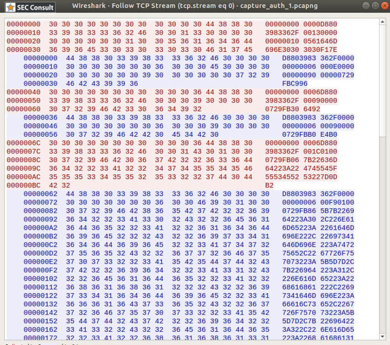 Screenshot der TCP Kommunikation - SEC Consult Vulnerability Lab