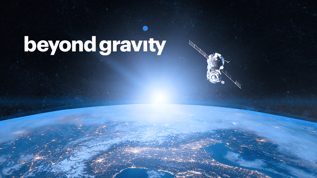 View of Earth from space including satellite and Beyond Gravity company logo.